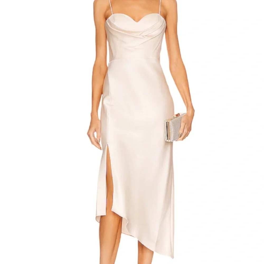 Alice + OIivia 0 Kiyoko Satin Cowl Asymmetrical Midi Dress Slit Cocktail Event